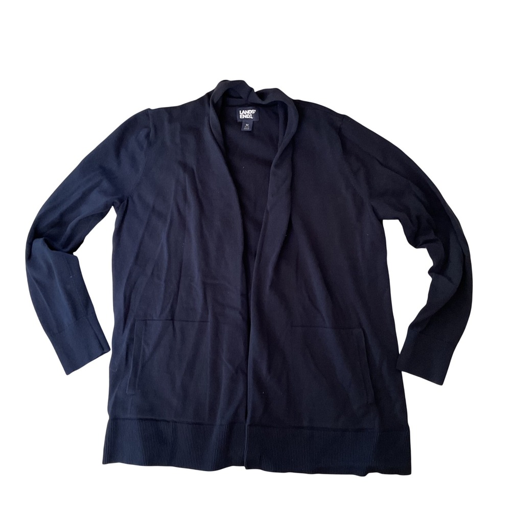 Lands End Womens Navy Blue Open Front Shawl Collar Cardigan Sweater Size M 10-12